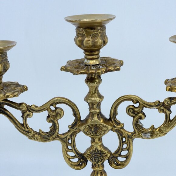 vintage ornate brass 3-arm candle candelabra holder with intricate details - Picture 3 of 7